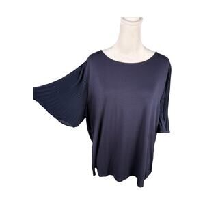 Talbots XL Knit Top Short Pleated Flutter Sleeves Navy Blue Rayon Spandex